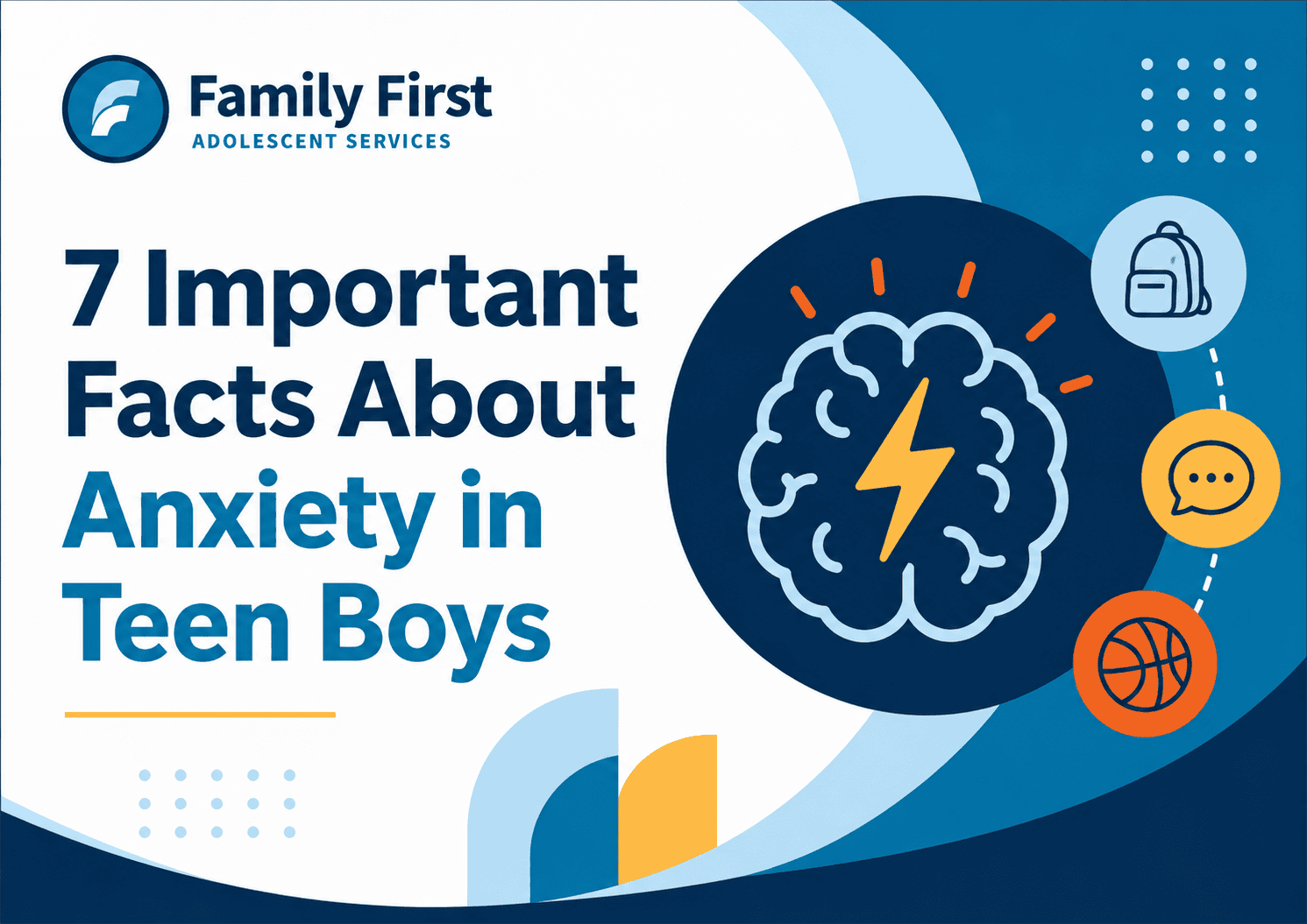 Family First branded banner for an article titled 7 Important Facts About Anxiety in Teen Boys, using anxiety and teen-life icons and no people.